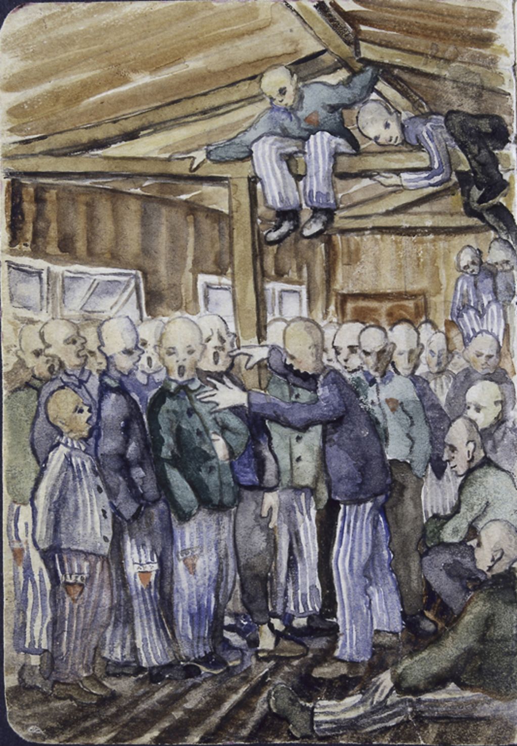 Auftritt des tschechischen Chors im KZ Sachsenhausen, Aquarell von Vladimir Matejka (vor 1945)