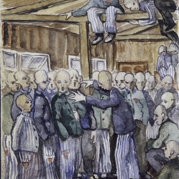 Auftritt des tschechischen Chors im KZ Sachsenhausen, Aquarell von Vladimir Matejka (vor 1945)