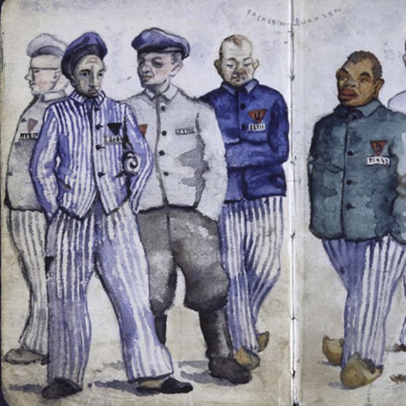 Häftlinge mit verschiedenen Winkeln, Aquarell von Vladimir Matejka (nach 1945), © Lenka Rothova