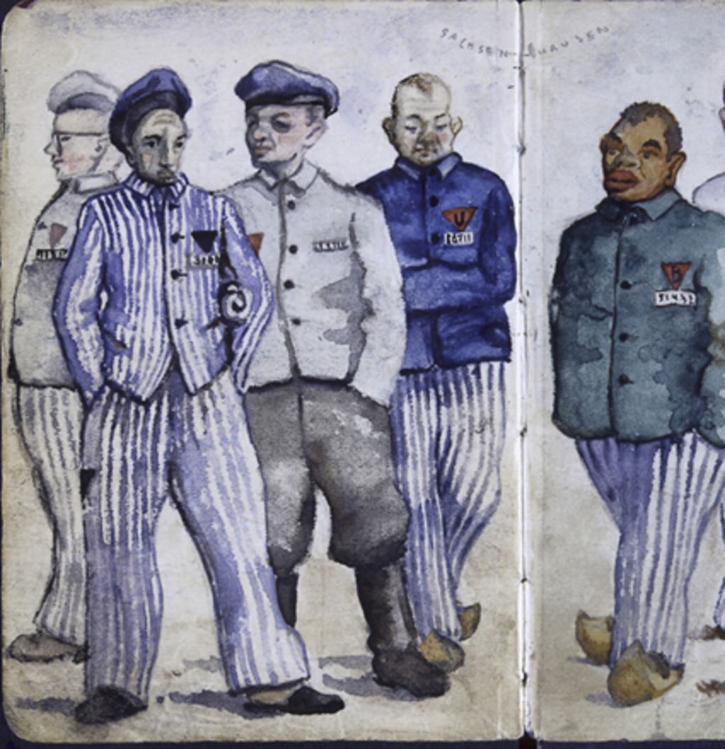 Häftlinge mit verschiedenen Winkeln, Aquarell von Vladimir Matejka (nach 1945), © Lenka Rothova