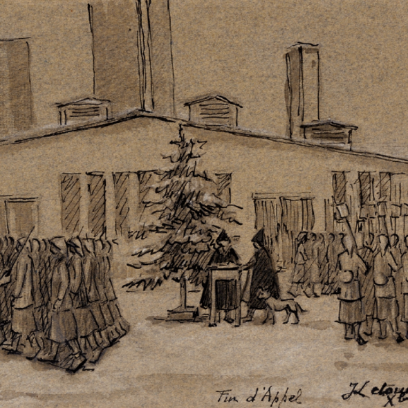 Jeanne Letourneau, »Fin d’Appel« [Ende des Appells], Dezember 1943.Tusche und Bleistift auf Papier, 14,5 x 24 cm, Archives départementales de Maine-et-Loire, 189 J./Dessin n° 1