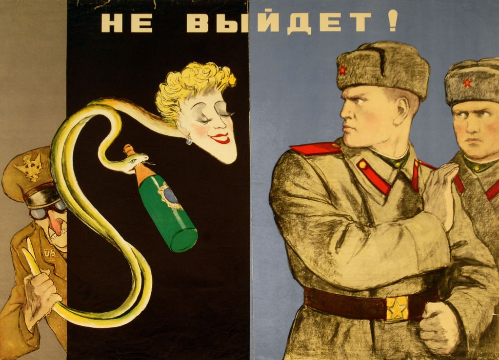 Sowjetisches Propagandaplakat, Kukrynski, 1952, Zentralmuseum der Streitkräfte Moskau.