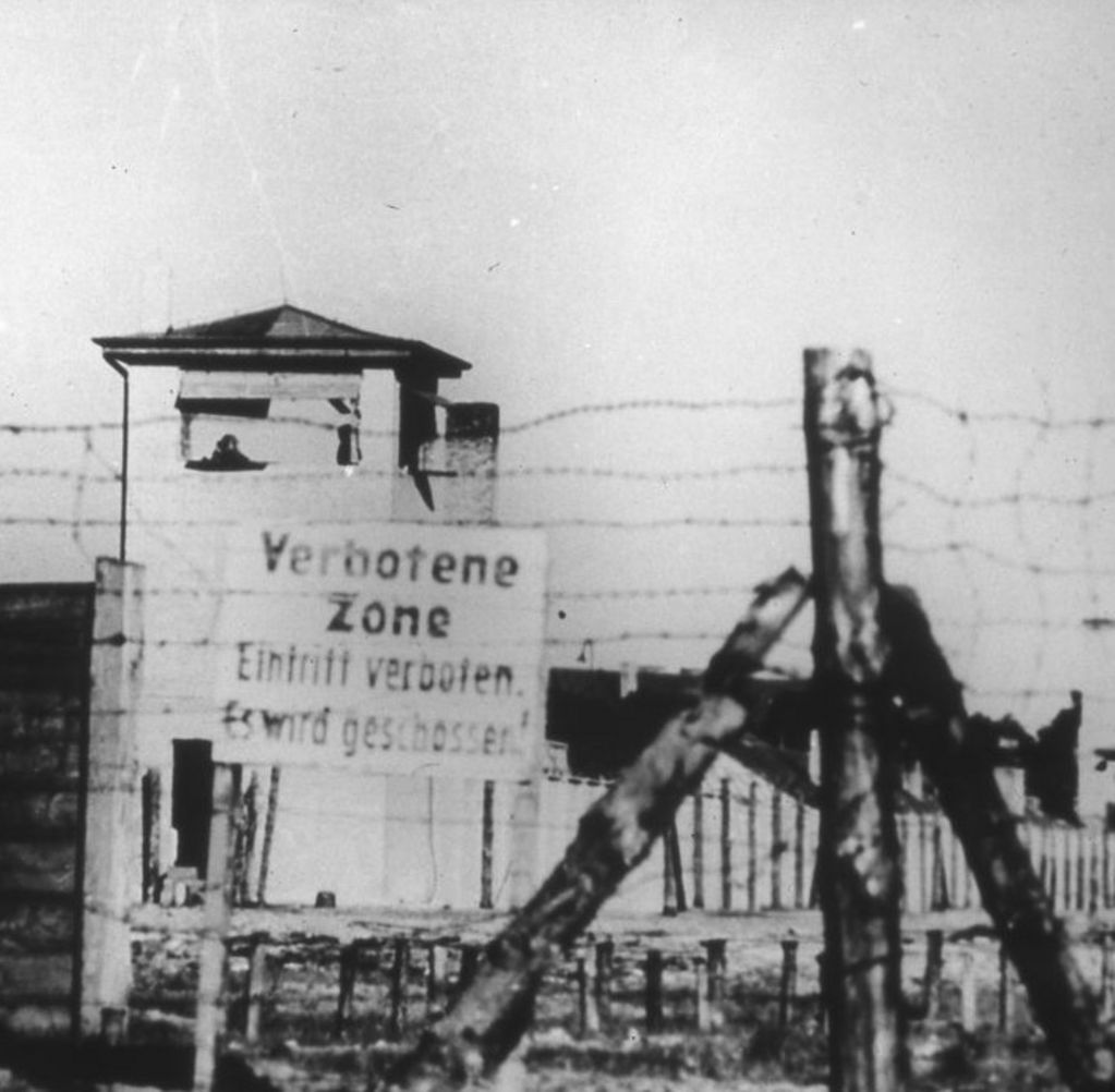 Stacheldrahtzaun vor dem Speziallager Sachsenhausen mit Schild "Verbotene Zone" und Wachturm, 1949 (© GuMS, Foto: Richard Perlia)
