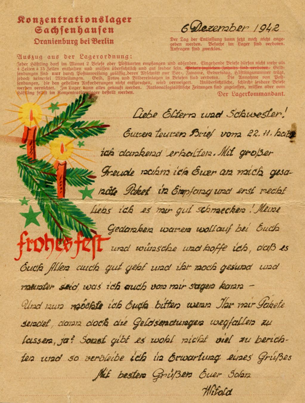 Brief von Witold Sternalski aus dem KZ Sachsenhausen, 6. Dezember 1942 (Archiv GuMS) 