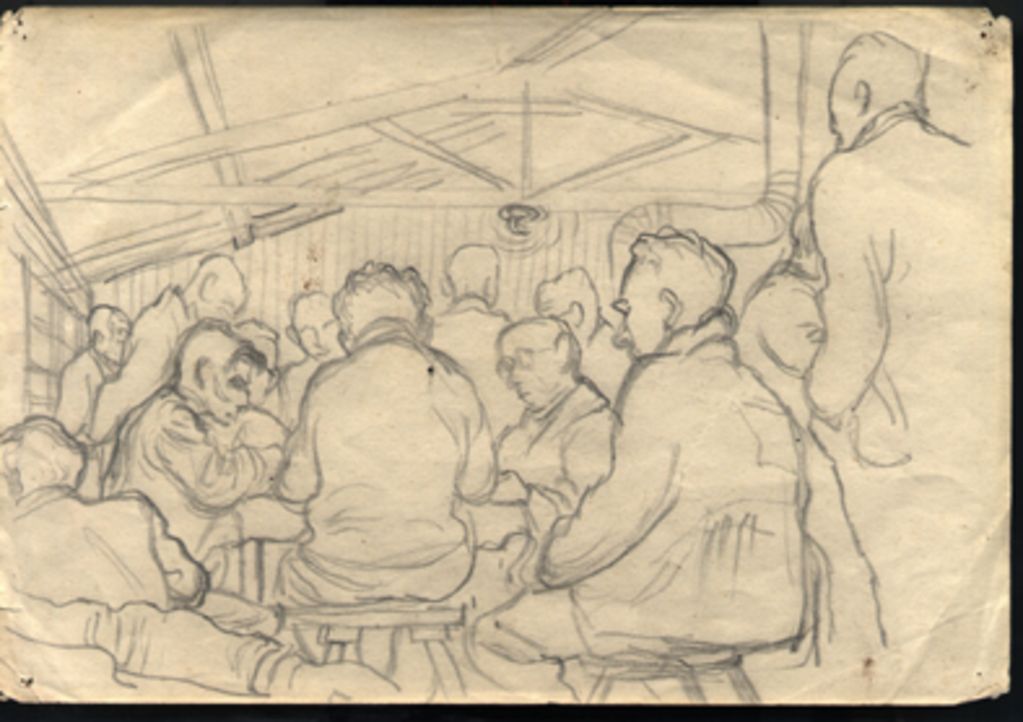 "Freizeit in Block 18", Bleistiftzeichnung von Leo Hass (Häftling des Fälscherkommandos), 1944 (Gedenkstätte Sachsenhausen)