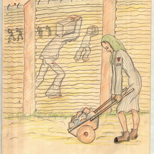 Ohne Titel, Zeichnung von Nina Jirsíková, undatiert; Buntstift auf Papier, 29,7 x 44 cm, Mahn- und Gedenkstätte Ravensbrück, V781 E1 Ohne Titel, Zeichnung von Nina Jirsíková, undatiert; Buntstift auf Papier, 29,7 x 44 cm, Mahn- und Gedenkstätte Ravensbrück, V781 E1