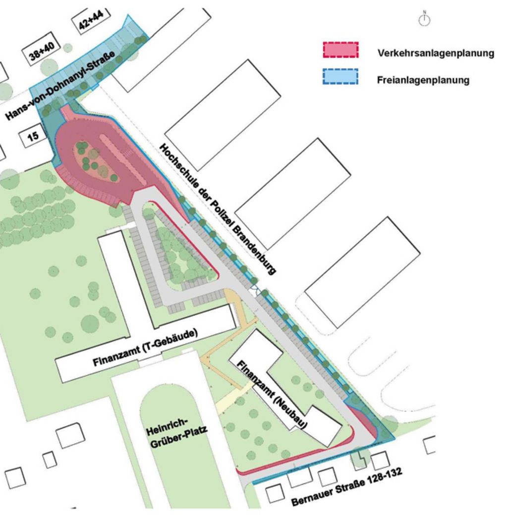 Zufahrt von der Bernauer Straße zwischen dem Neubau des Finanzamts und der Hochschule der Polizei zu einem Haltepunkt mit Wendeschleife an der Hans-von Dohnanyi-Straße (© Stiftung Brandenburgische Gedenkstätten)